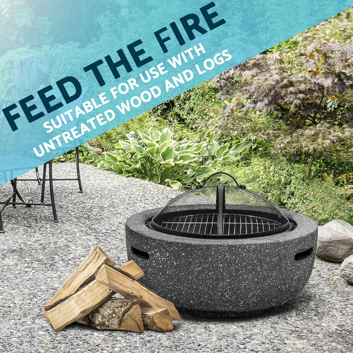 Dellonda Round MgO Fire Pit with BBQ Grill Ø60cm Safety Mesh Screen - Dark Grey