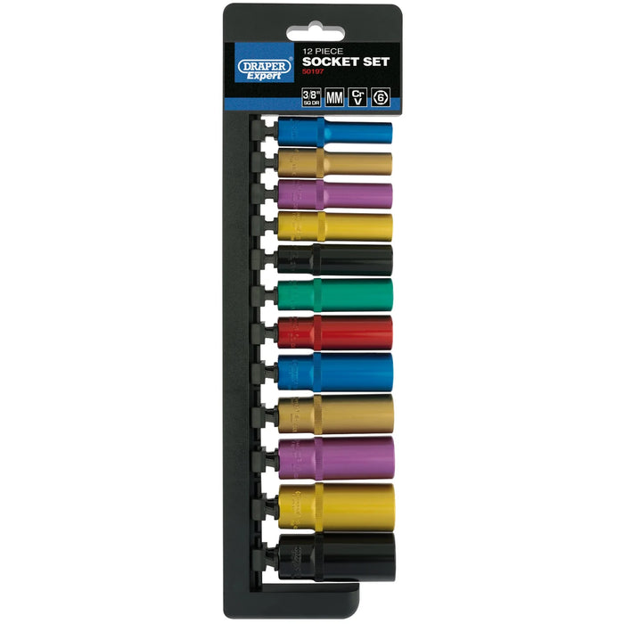 Draper Expert Metric Coloured Deep Socket Set, 3/8" Sq. Dr. (12 Piece)