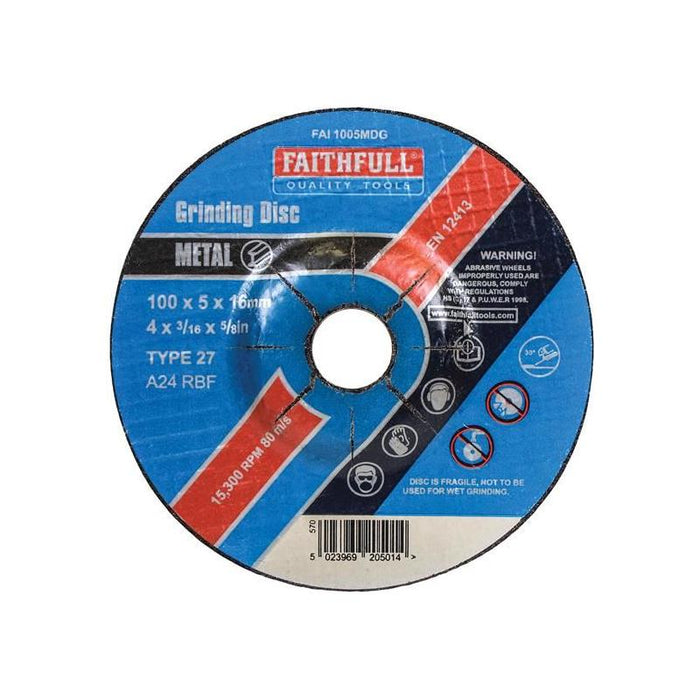 Faithfull Depressed Centre Metal Grinding Disc 100 x 5 x 16mm Faithfull - Town Tools