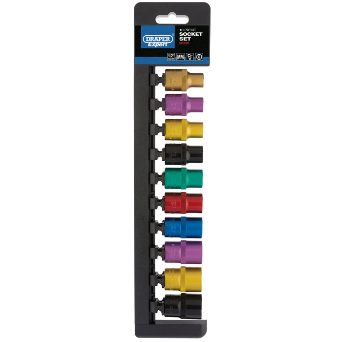 Draper Expert Metric Coloured Socket Set, Sq. Dr. (10 Piece) 1-1