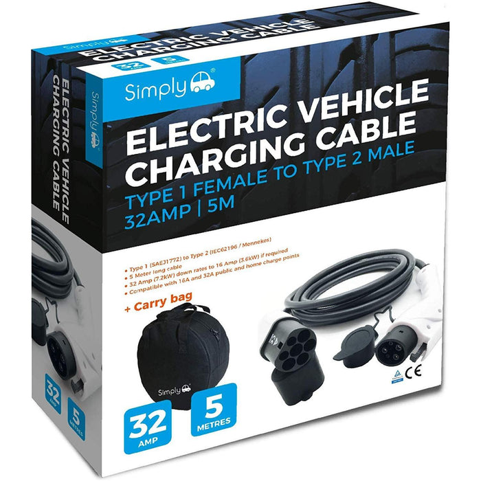 EV / Electric Car - Charging Cable |  5m | 32Amp | Type 1 to Type 2 | 7.2kW Town Tools - Town Tools 