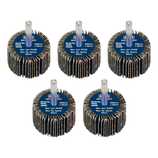 Sealey 40 x 30mm Abrasive Flap Wheel on 6mm Shaft 60Grit - Pack of 5 FW4030605 Sealey - Town Tools 