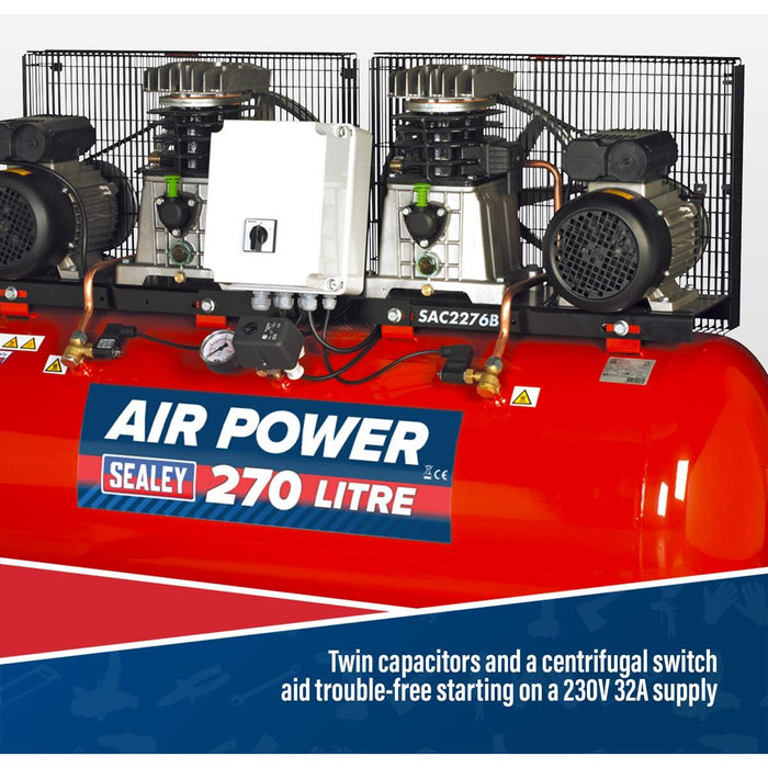 Sealey 270L Belt Drive Air Compressor with Cast Cylinders 2 x 3hp SAC2276B Sealey - Town Tools 
