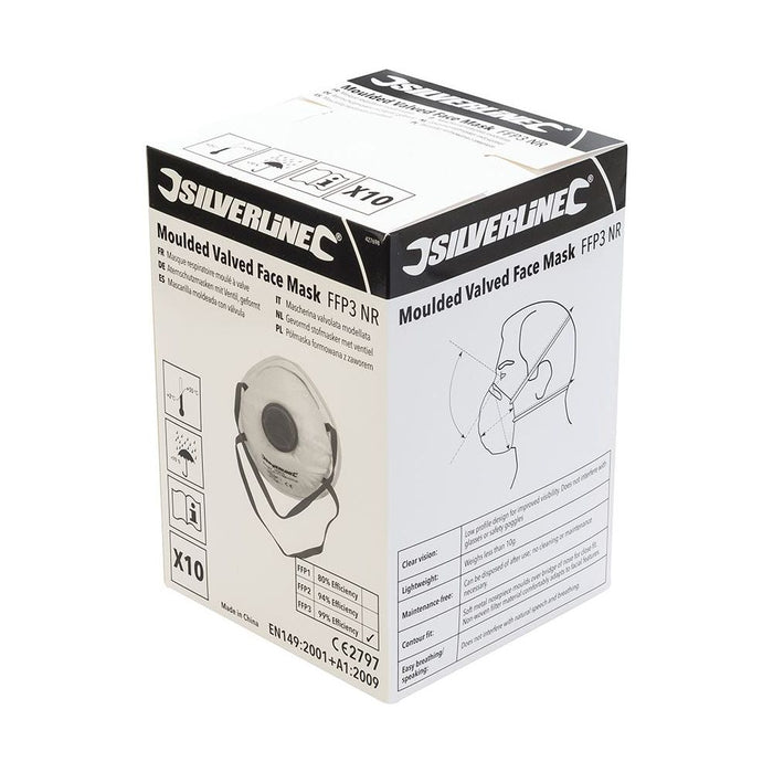 Silverline Moulded Valved Face Mask FFP3 NR Display Box 10pk FFP3 NR Silverline - Town Tools 