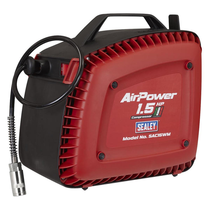 Sealey Wall Mounting Oil Free Air Compressor 1.5hp with 7m Retractable Hose Reel Sealey - Town Tools 