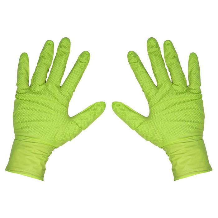 Diamond Grip Extra-Thick Nitrile Powder-Free Gloves Hi-Vis Green Large Pack  50 Sealey - Town Tools 