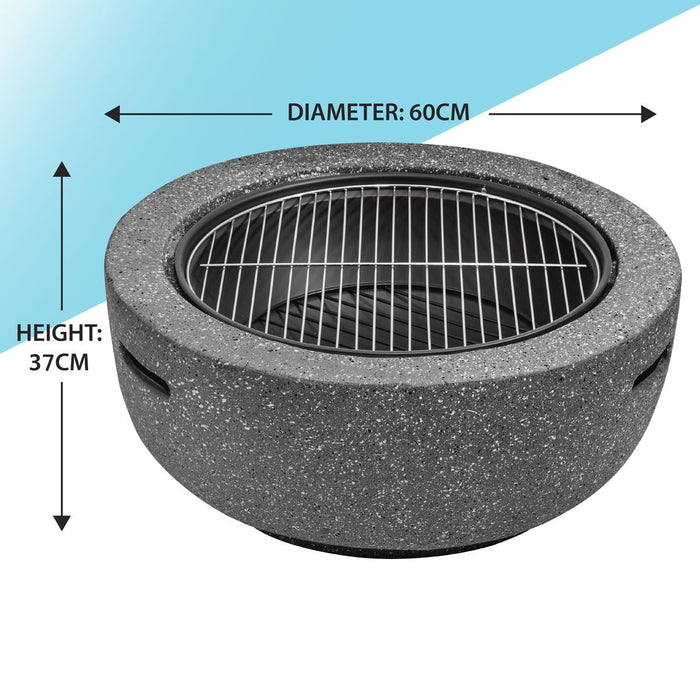 Dellonda Round MgO Fire Pit with BBQ Grill Ø60cm Safety Mesh Screen - Dark Grey