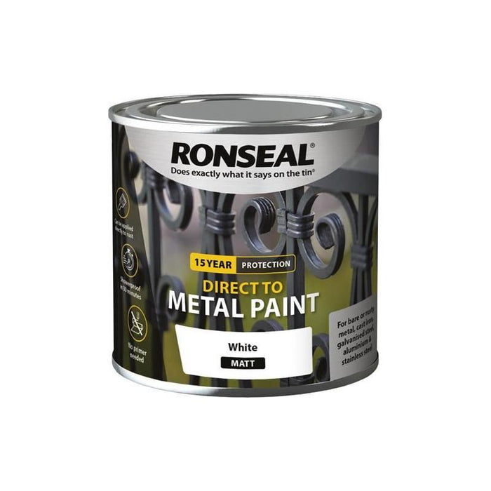 Ronseal Direct to Metal Paint White Matt 250ml Ronseal - Town Tools