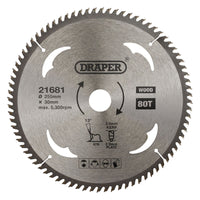 Draper TCT Circular Saw Blade for Wood, 250 x 30mm, 80T 21681