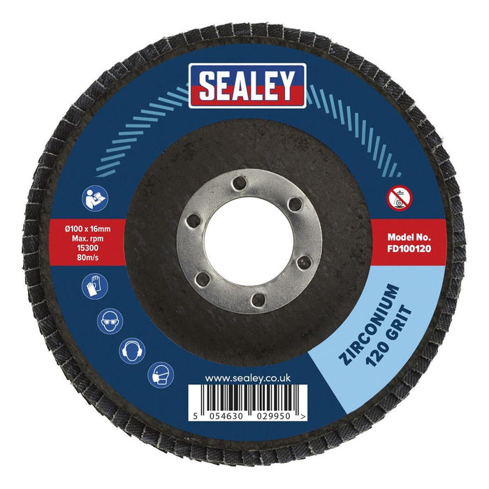 Sealey Flap Disc Zirconium100mm16mm Bore 120Grit FD100120 Sealey - Town Tools 