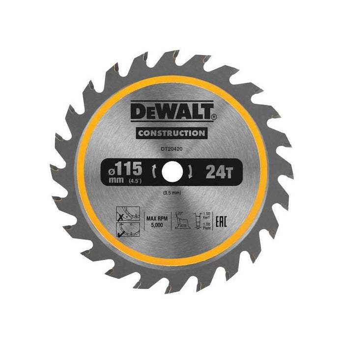 Dewalt Power Tools DT20420 TCT Construction Circular Saw Blade 115 x 9.5mm x 24T DeWALT Power Tools - Town Tools