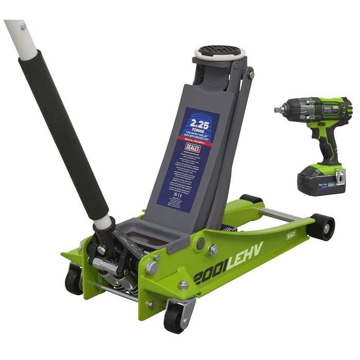 Sealey 2.2 Tonne Trolley Jack & 18V Cordless Impact Wrench - Green 2001LEHVCOMBO Sealey - Town Tools 