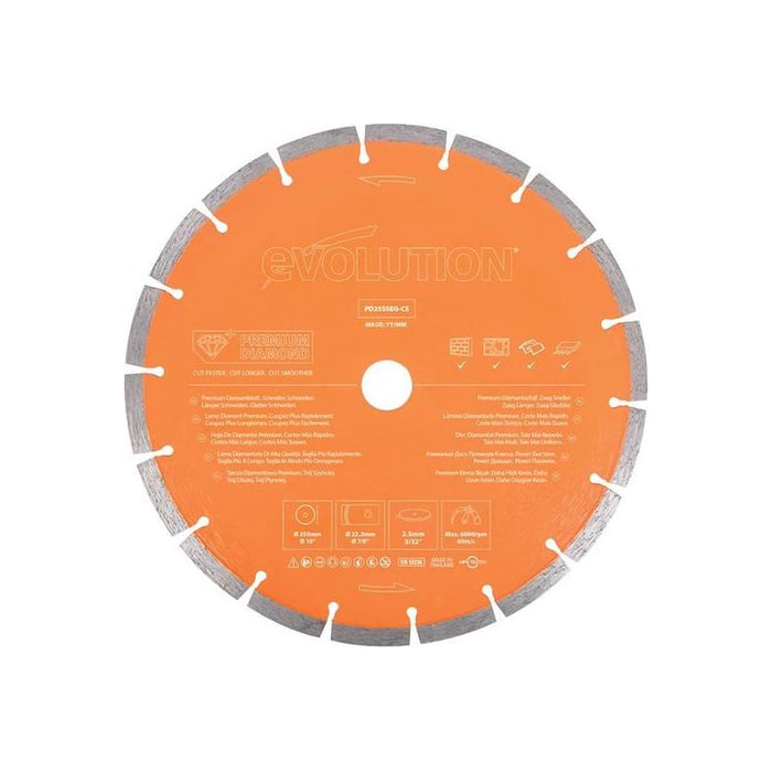 Evolution Premium Diamond Disc Cutter Blade 255 x 22.2mm Evolution - Town Tools