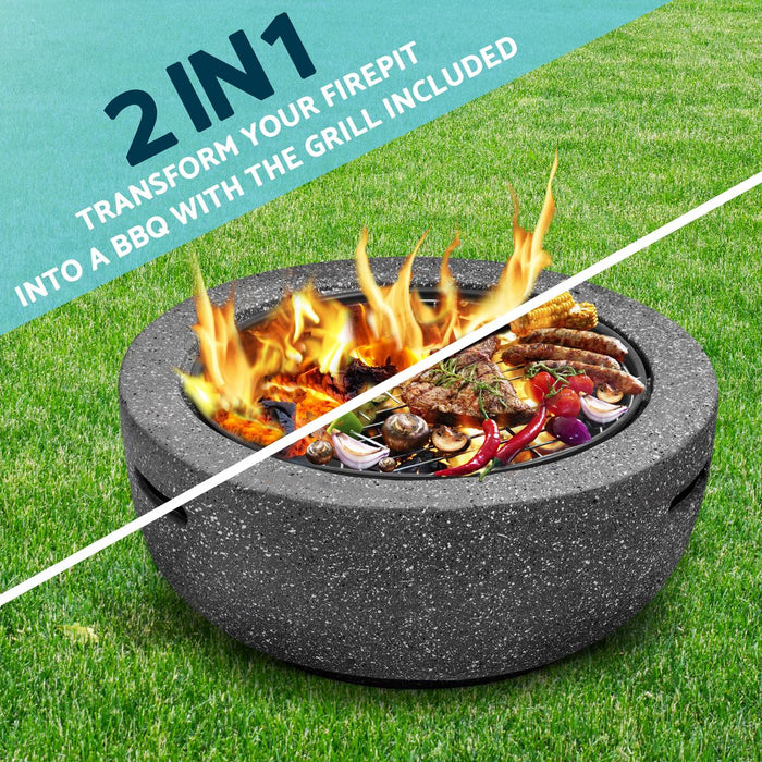 Dellonda Round MgO Fire Pit with BBQ Grill Ø60cm Safety Mesh Screen - Dark Grey