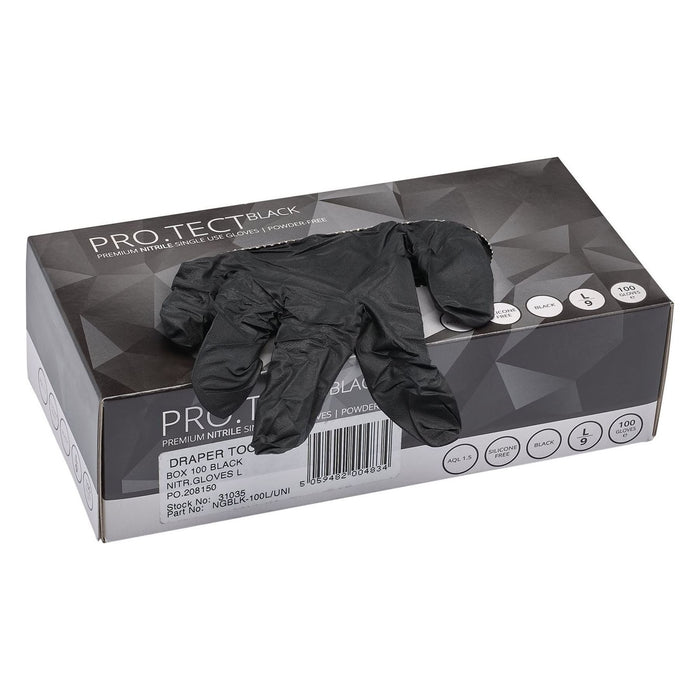 Draper Nitrile Gloves, Large, Black (Pack of 100) 31035 Draper - Town Tools 