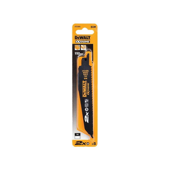 Dewalt Power Tools 2X Life Wood & Nail Reciprocating Blade 152mm x 6 TPI Pack of 5 DeWALT Power Tools - Town Tools