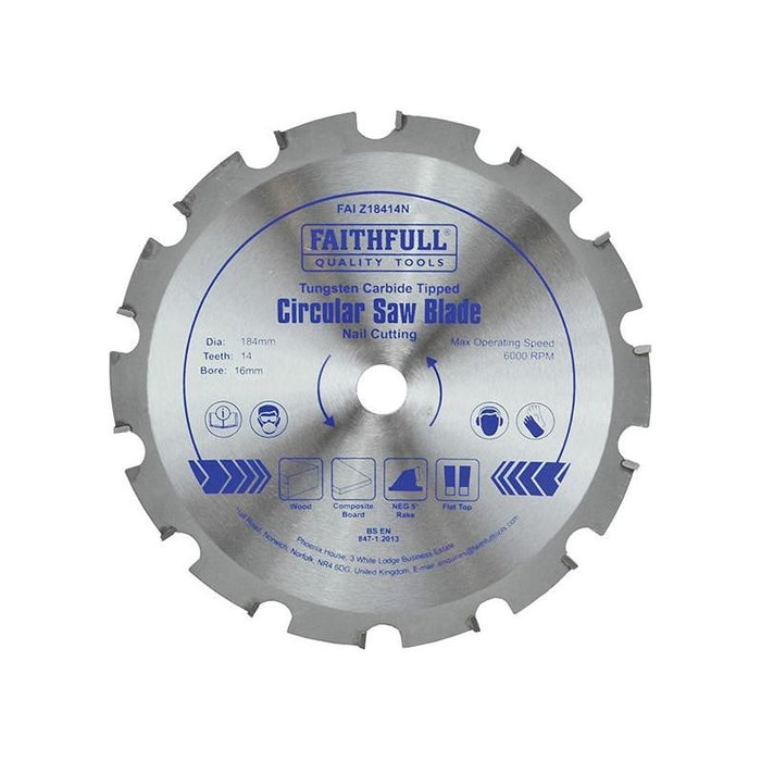 Faithfull TCT Circular Saw Blade Nail Cutting 184 x 16mm x 14T NEG Faithfull - Town Tools