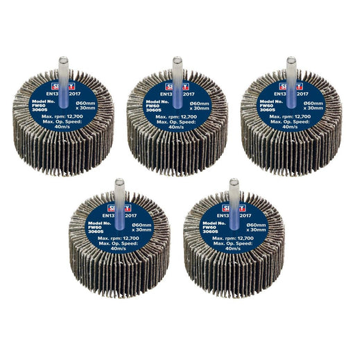 Sealey 60 x 30mm Abrasive Flap Wheel on 6mm Shaft 60Grit - Pack of 5 FW6030605 Sealey - Town Tools 