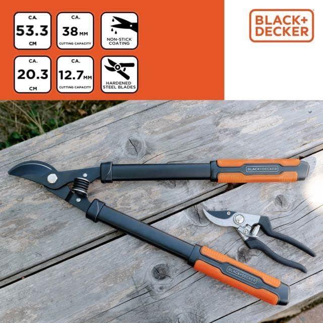 Black+Decker Pruning Shears - 2 Pieces - Loppers 53.3 Cm - Garden Shears 20.3 Cm - Black/Orange Black+Decker - Town Tools 