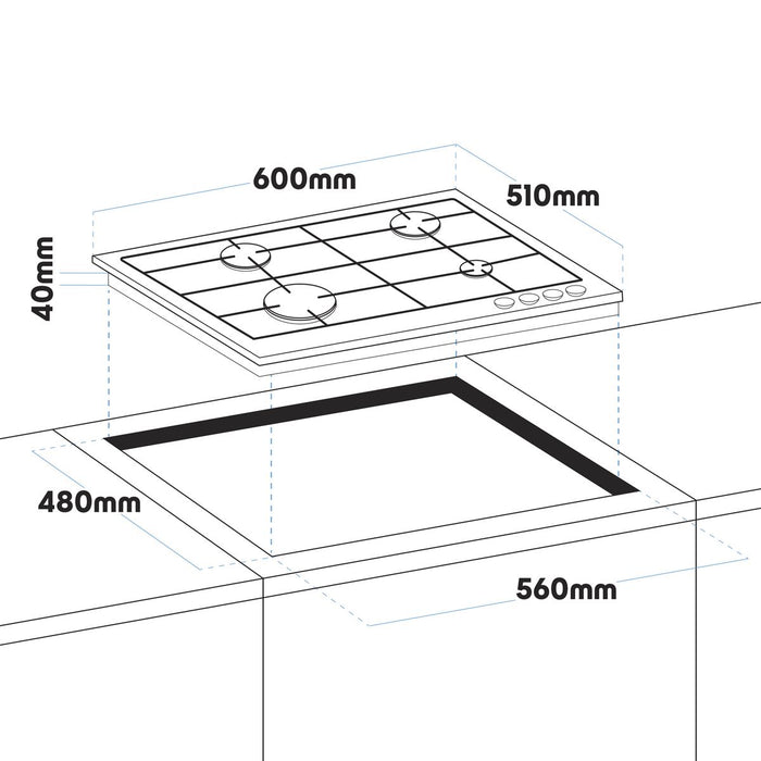 Baridi Gas Hob with 4 Cooking Zones 60cm - Black DH226