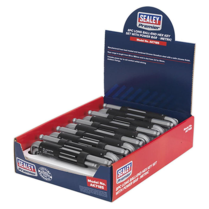 Sealey Ball-End Hex Key Set with Power Bar 8pc Long Display Box of 10 AK7185 Sealey - Town Tools 