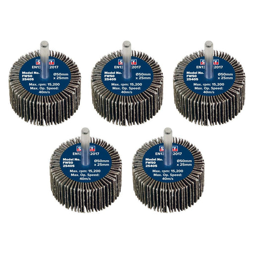Sealey 50 x 25mm Abrasive Flap Wheel on 6mm Shaft 40Grit - Pack of 5 FW5025405 Sealey - Town Tools 