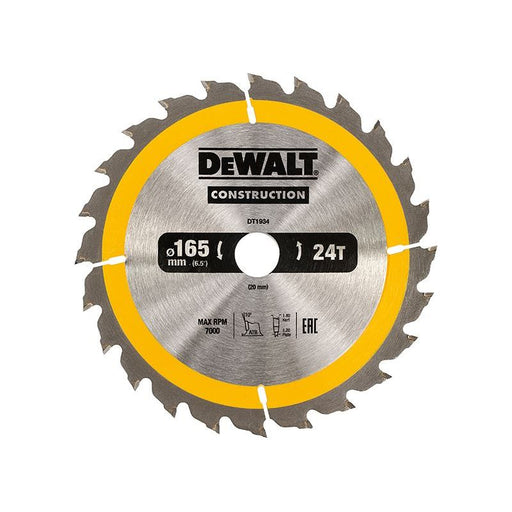 Dewalt Power Tools Portable Construction Circular Saw Blade 165 x 20mm x 24T DeWALT Power Tools - Town Tools
