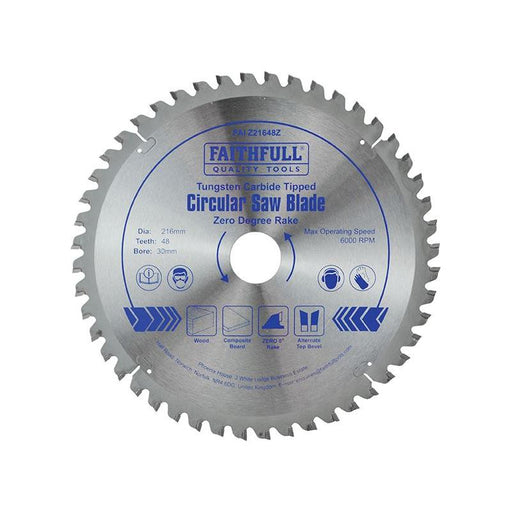 Faithfull TCT Circular Saw Blade Zero Degree 216 x 30mm x 48T Faithfull - Town Tools