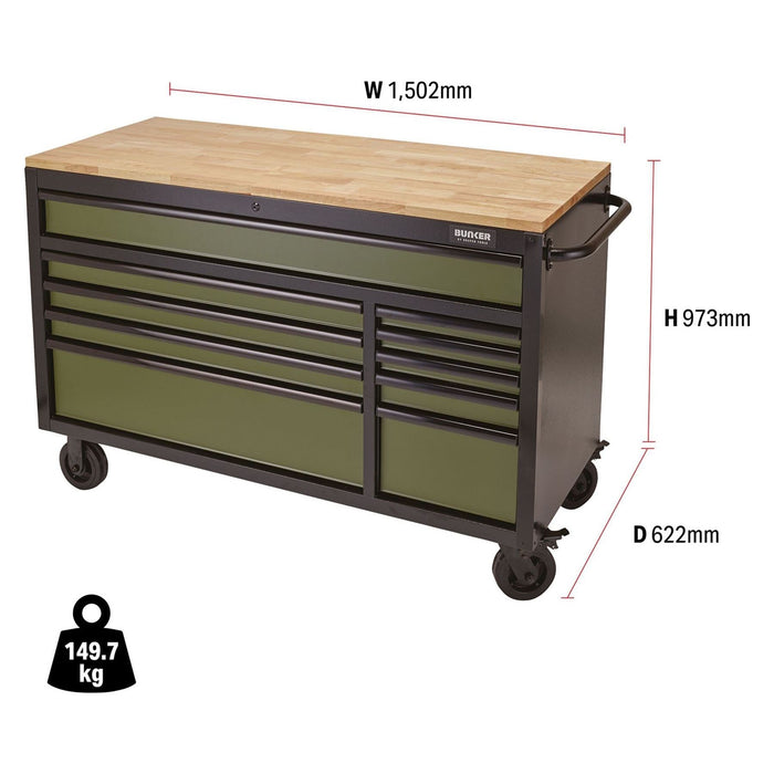 Draper BUNKER Workbench Roller Tool Cabinet, 10 Drawer, 56", Green 08236