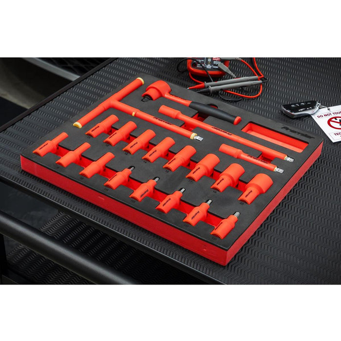 Premier Insulated Socket Set with Tool Tray 3/8"Sq Drive 20pc - VDE Approved Sealey Premier - Town Tools 