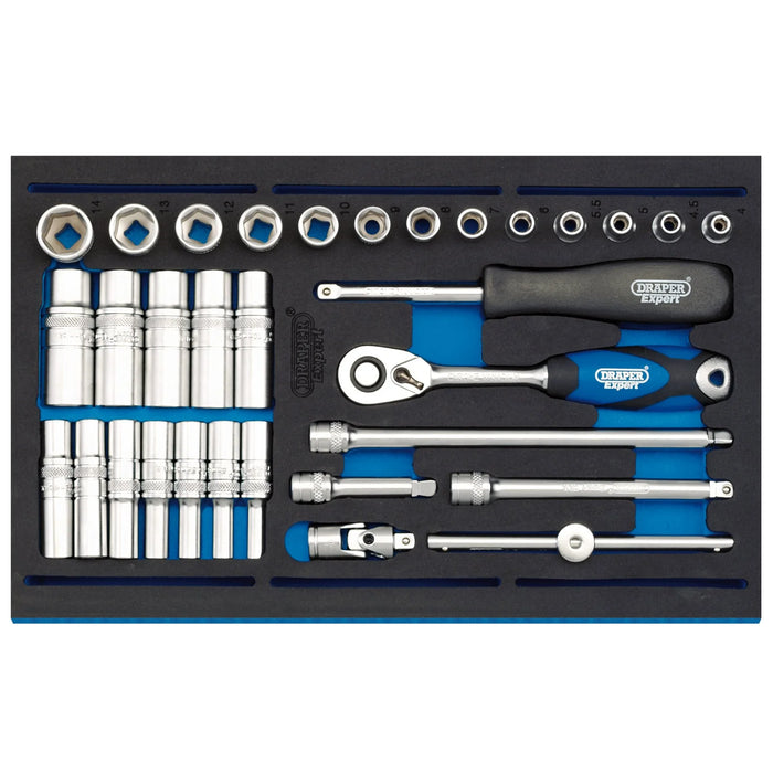 Draper Expert Socket Set in 1/4 Drawer EVA Insert Tray, 1/4"(32 Piece)