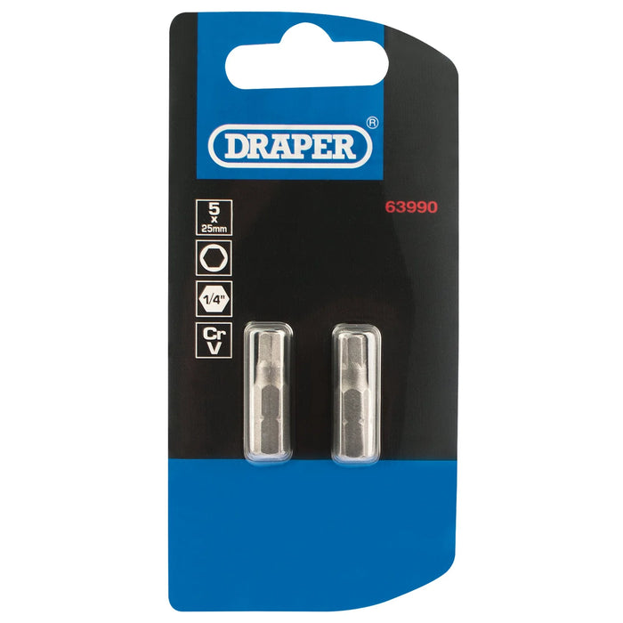 Draper Hexagonal Insert Bit, , 1/4" Hex, 25mm Long (Pack of 2) 1.5-6
