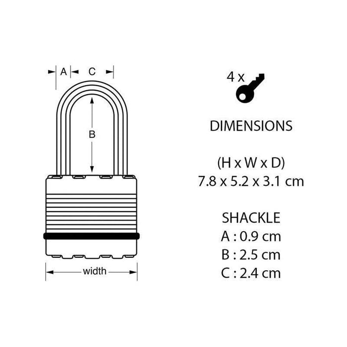 Master Lock Excell™ Laminated Steel 50mm Padlock 4-Pin - 25mm Shackle Master Lock - Town Tools