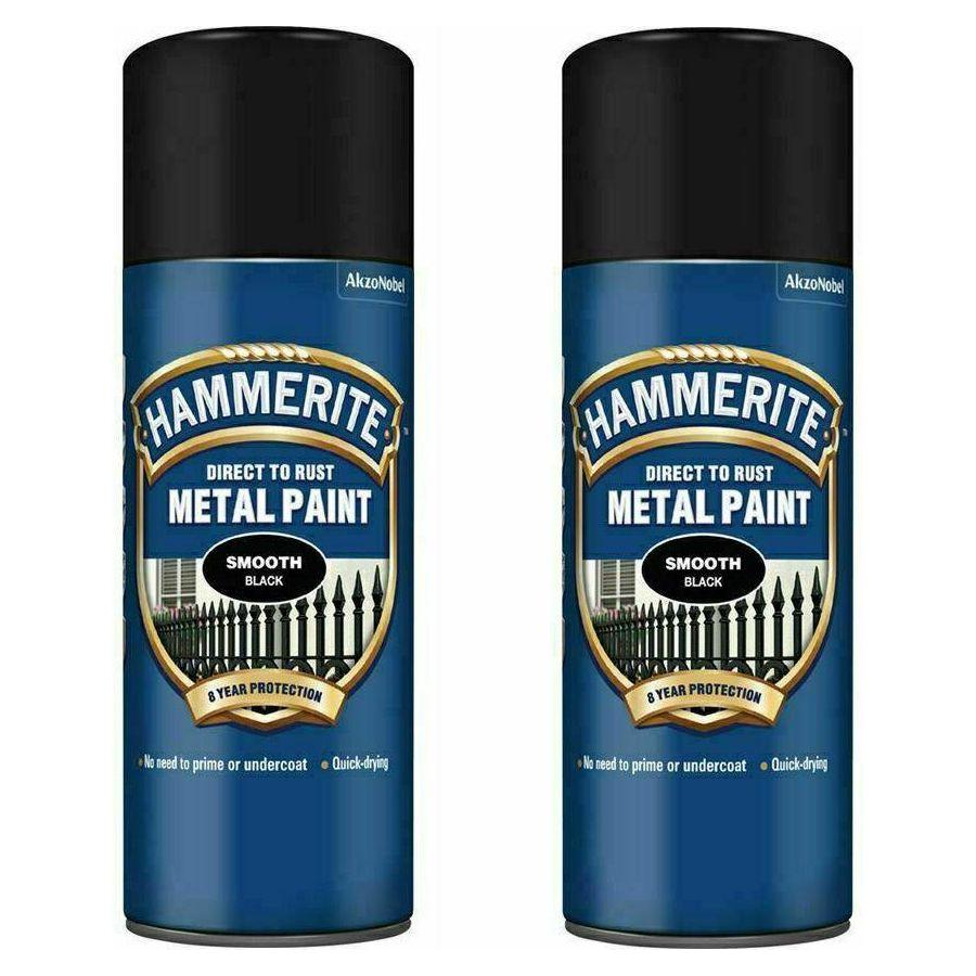 2x 400ml Hammerite SMOOTH BLACK Direct to Rust Metal Spray Paint Aerosol 400ml Hammerite - Town Tools 