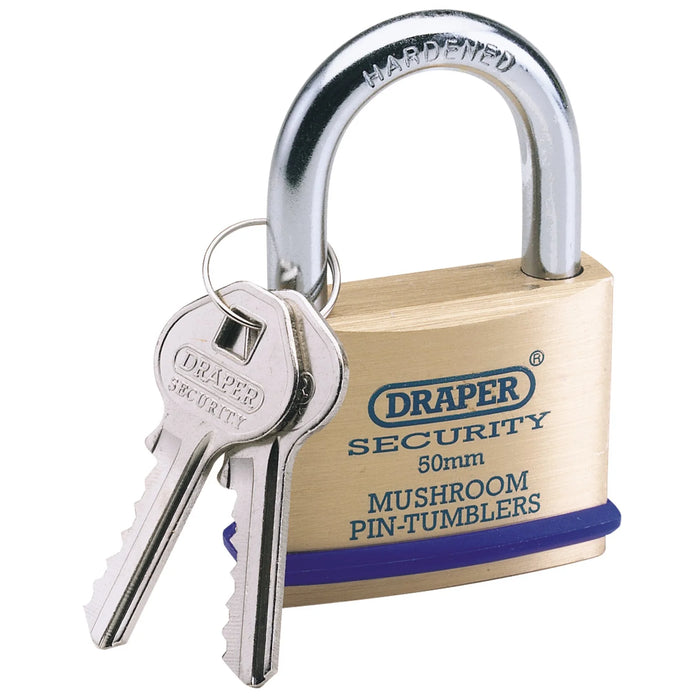 Draper Solid Brass Padlock and 2 Keys with Mushroom Pin Tumblers Hardened Steel