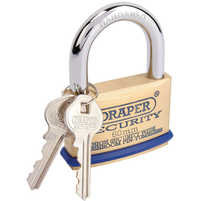 Draper Solid Brass Padlock and 2 Keys with Mushroom Pin Tumblers Hardened Steel