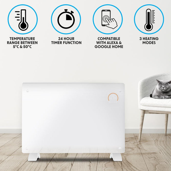 Baridi 2000W Electric Glass Panel Heater with 24/7 Timer, Remote Control & Wi-Fi - White Baridi - Town Tools