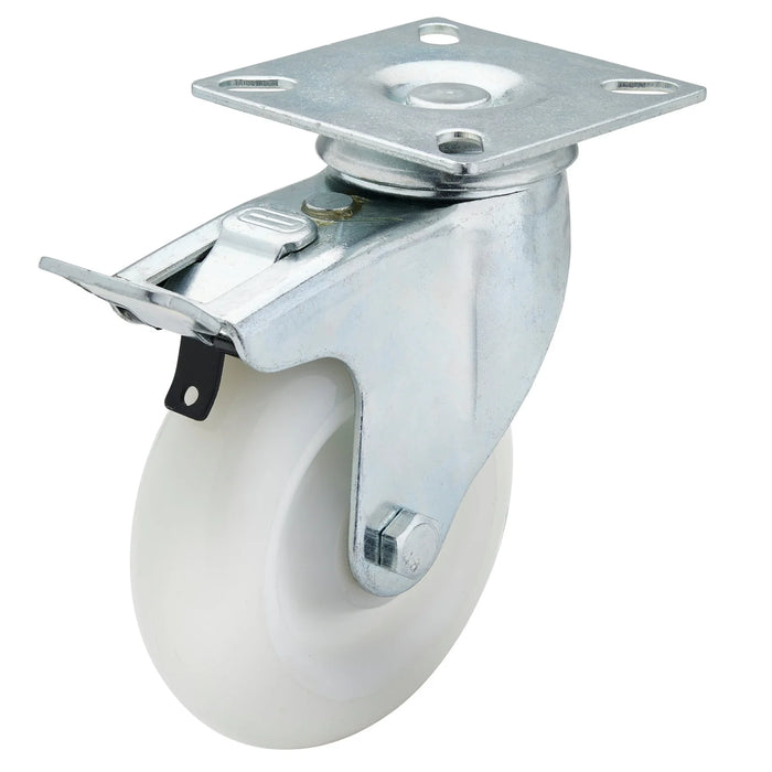 Draper Swivel Plate Fixing Nylon Wheel with Brake, 100mm Diameter, S.W.L. 125kg