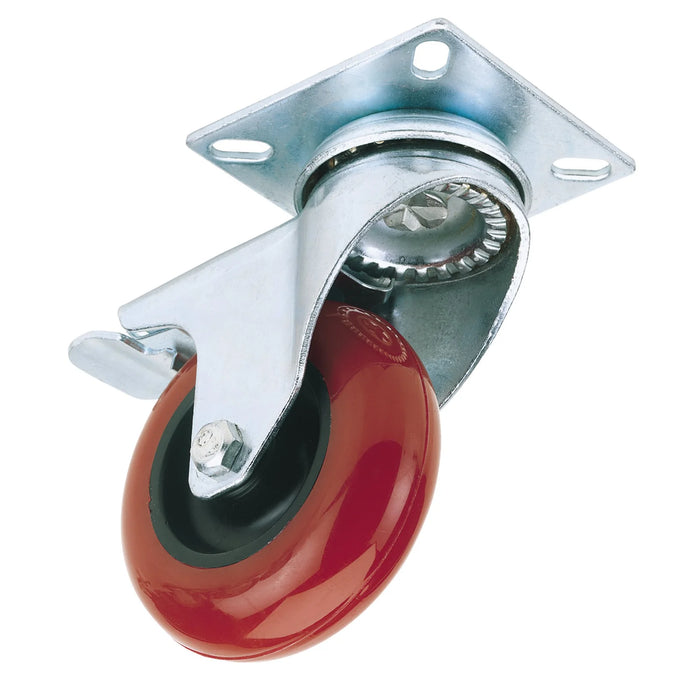 Draper Swivel Plate Fixing Polyurethane Wheel with Brake, 75mm Diameter, S.W.L.
