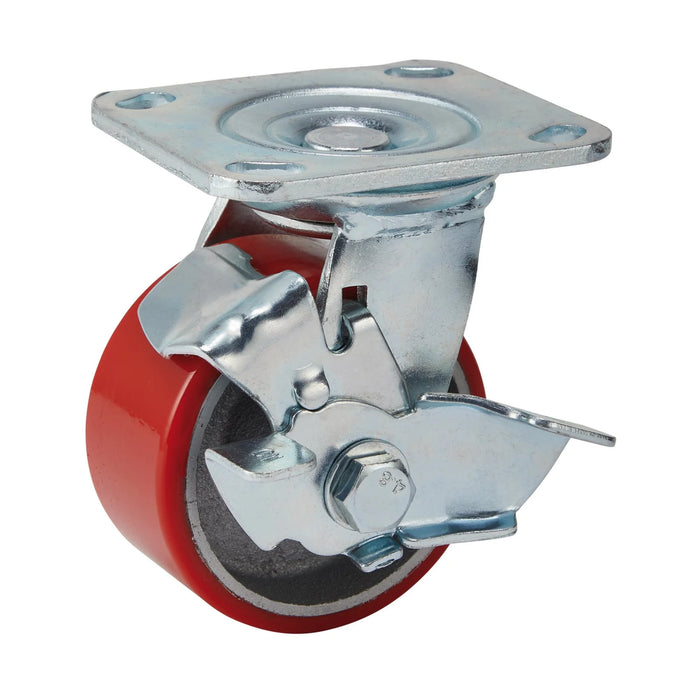 Draper Swivel Plate Fixing Heavy Duty Polyurethane Wheel with Brake, 100mm
