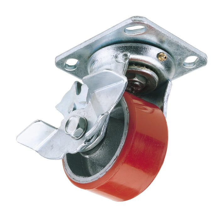 Draper Swivel Plate Fixing Heavy Duty Polyurethane Wheel with Brake, 125mm