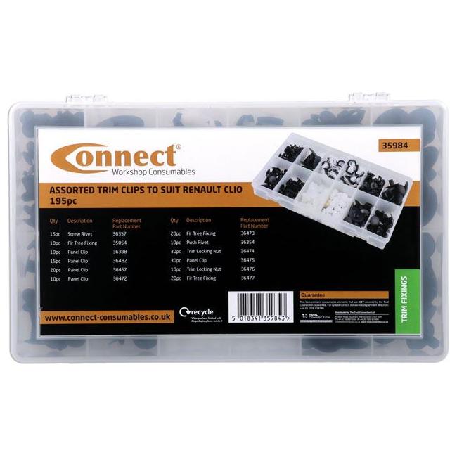 Connect Assorted Trim Clips to suit for Renault Clio 195pc 35984 Tool Connection - Town Tools 