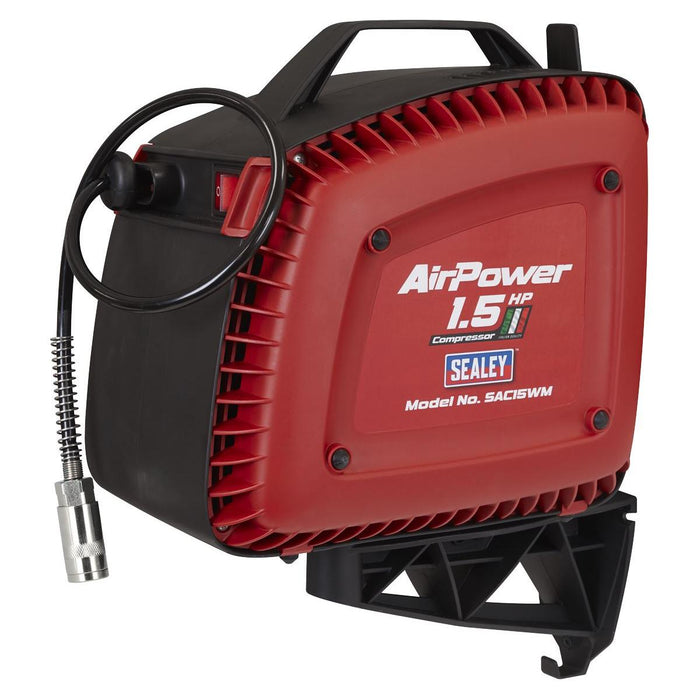 Sealey Wall Mounting Oil Free Air Compressor 1.5hp with 7m Retractable Hose Reel Sealey - Town Tools 