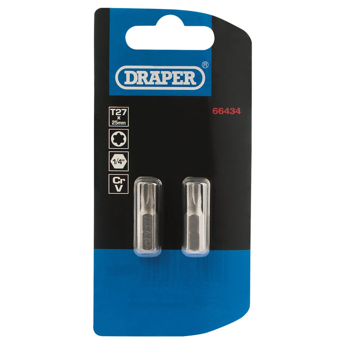Draper TX-STAR® Insert Bit, 1/4" Hex, Long, T27 (Pack of 2) 25-75mm