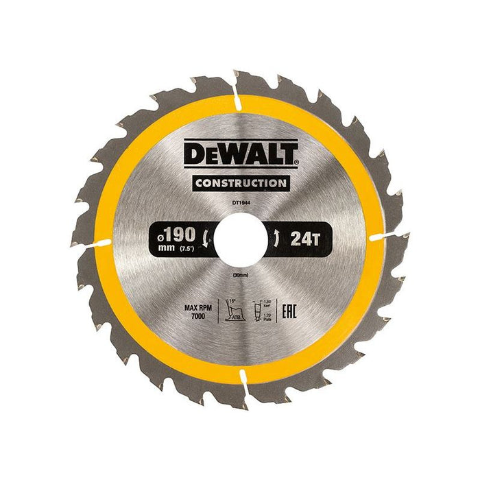 Dewalt Power Tools Portable Construction Circular Saw Blade 190 x 30mm x 24T DeWALT Power Tools - Town Tools
