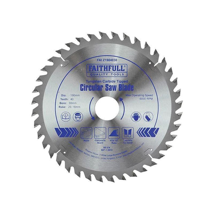 Faithfull TCT Circular Saw Blade 190 x 30mm x 40T POS Faithfull - Town Tools