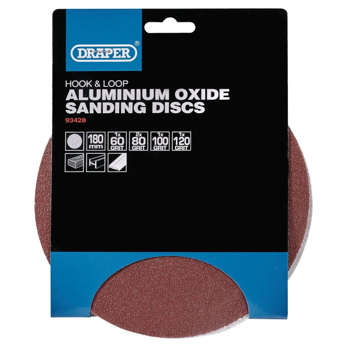 Draper Hook and Loop Aluminium Oxide Sanding Discs, 180mm, Assorted Grit (Pack o