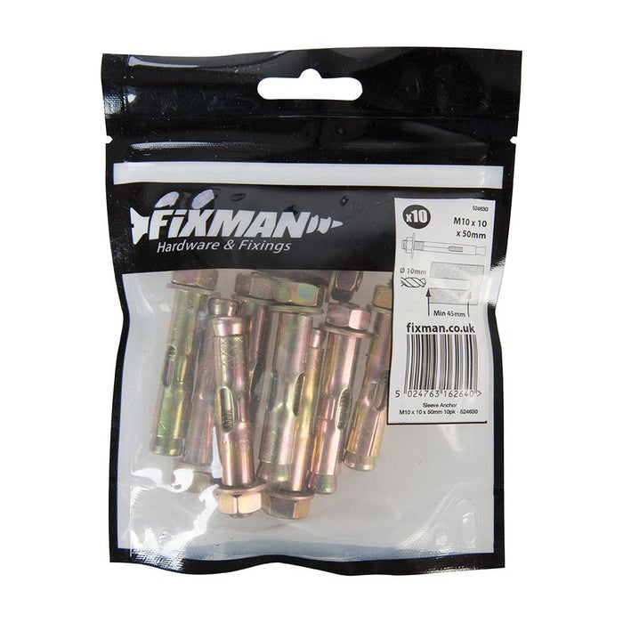 Fixman Sleeve Anchors 10pk M10 - 10 x 13 x 50mm Fixman - Town Tools 