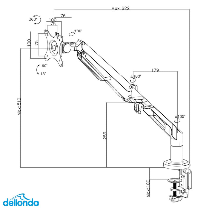 Dellonda Adjustable Single Monitor Arm with 360 Rotation - White DH26