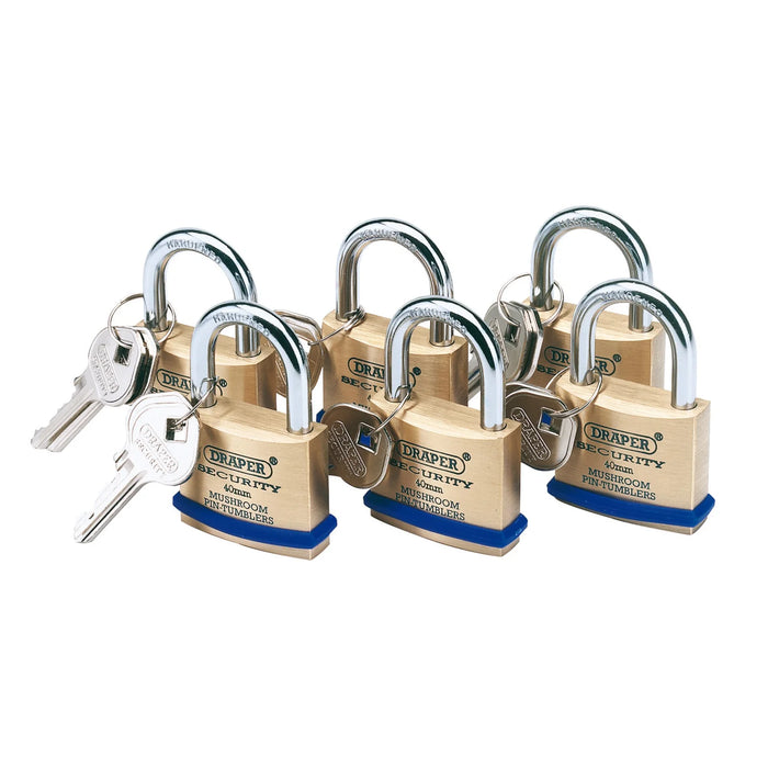 Draper Solid Brass Padlocks with Hardened Steel Shackle, (Pack of 6) 40-60mm